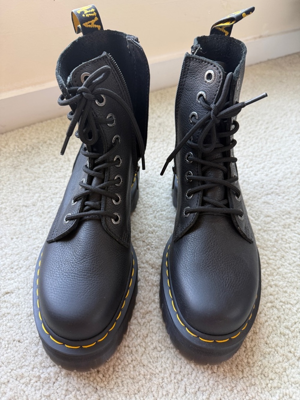 Dr. Martens Black Leather Lace-Up Combat Boots with Yellow Stitching